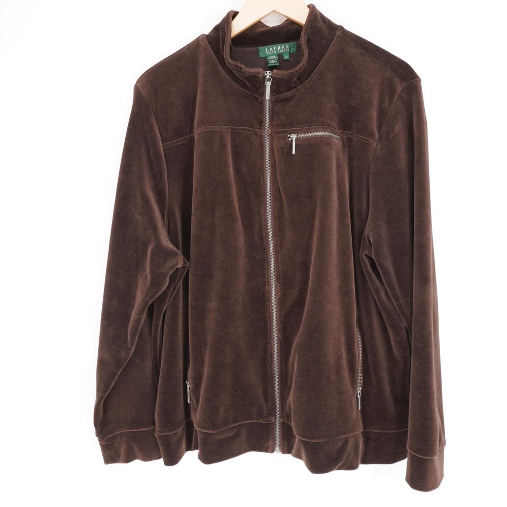 Lauren Ralph Lauren Full Zip Sweatshirt Womens 2X Brown Velour Zip Pockets